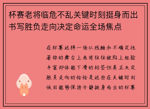 杯赛老将临危不乱关键时刻挺身而出书写胜负走向决定命运全场焦点