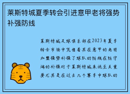莱斯特城夏季转会引进意甲老将强势补强防线